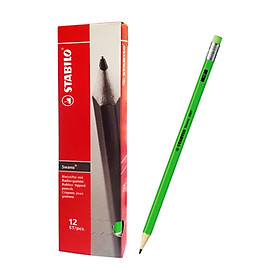 Hộp bút chì gỗ STABILO Swano có đầu tẩy - Hộp 12 thân xanh lá neon, có đầu tẩy (PC4907G/12-HB)