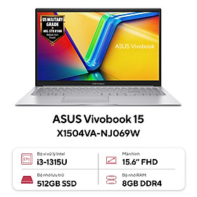 Laptop Asus Vivobook 15 (X1504VA-NJ069W) / Bạc/ Intel Core i3-1315U Processor (upto 4.5Ghz, 10MB)/ RAM 8GB/ 512GB SSD/ Intel UHD Graphics/ 15.6inch FHD/ Win 11H/ 2Yrs - Hàng Chính Hãng