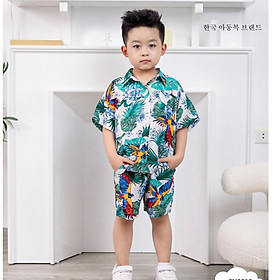 Đồ bộ bé trai, bộ sơ mi cho bé trai họa tiết hawai hoa lá du lịch đẹp size 10-40kg chất đũi xịn sò mềm mát