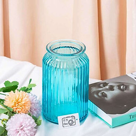 Bình cắm hoa thủy tinh nghệ thuật, hình trụ sọc khía, cắm bông trang trí nhà hàng, khách sạn, văn phòng làm việc. Cao 18cm, đường kính miệng 9cm, đường kính đáy 11cm, nặng 0.7kg. Tặng 20cm dây bố trang trí
