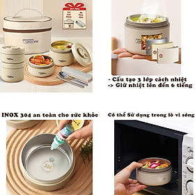 Hộp Cơm Giữ Nhiệt Văn Phòng Lunch Box 3-4 Tầng Kèm Muỗng Đũa Inox, Túi Đựng Cao Cấp, Dùng Được Trong Lò Vi Sóng - HÀNG CHÍNH HÃNG MINIIN