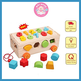 Đồ chơi gỗ Montessori - Xe kéo thả hình khối và số bằng gỗ giúp bé học hình khối, màu sắc và số đếm