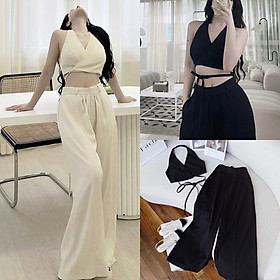 SET ÁO CROPTOP YẾM 2 DÂY BUỘC CHÉO EO + QUẦN ỐNG RỘNG LƯNG CAO SUÔNG TRƠN ĐI TIỆC ĐI BIỂN ĐI CHƠI DẠO PHỐ