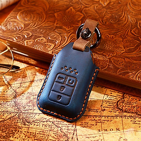 Bao Da Bọc Chìa Khóa Smartkey Oto Honda City, CRV, XRV, Civic Da Thật Đẳng Cấp Thủ Công Blue/Brown KHD