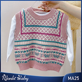 Áo gile len bé gái, có size lớn đến 26kg, họa tiết vintage dễ mặc và phối đồ, chất len dày dặn, đanh, mềm mịn đẹp | MA25