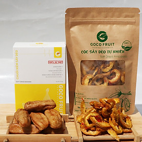 Combo Hộp Chuối Sấy Dẻo 200g và Túi Cóc Sấy Dẻo 100g. GOCO FRUIT. Không Đường - Ít Đường, Không Chất Bảo Quản, Không Hương Vị Màu Nhân Tạo. 100% Tự Nhiên Sấy Mộc. Món Ăn Vặt An Toàn Sức Khỏe.