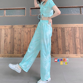 Set Bộ Áo Croptop Rút Dây Hoạ Tiết 3D Kèm Quần Long Pant Dài Dây Rút Cực Xinh - MM - M