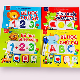 Sách- Combo 4 cuốn sách tự xoá: Chữ số + Phép cộng + Chữ cái+ Hình khối màu sắc (Tặng kèm bút)