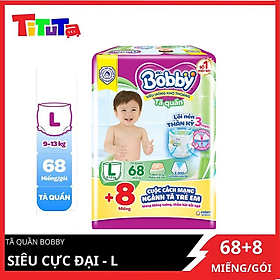 Tã quần Bobby - Đệm Lưng Thấm Mồ Hôi L68 (68 miếng) - Tặng 8 miếng trong gói