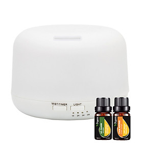 Combo máy khuếch tán/ máy xông tinh dầu trụ trắng 300ml + tinh dầu sả chanh (10ml) + tinh dầu cam N'Farm (10ml)/ Phun sương sóng siêu âm.