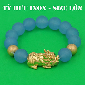 Vòng chuỗi đeo tay đá thạch anh xanh biển mờ 14 ly ( size lớn ) charm tỳ hưu và bi inox vàng, vòng tay chuỗi hạt