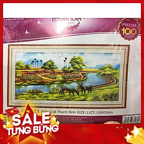 Tranh thêu chữ thập Phong Cảnh làng quê con trâu 100x50cm