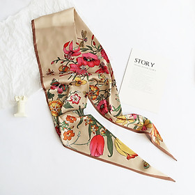 Khăn lụa dáng dài họa tiết hoa lá Vintage dễ thương AKL97
