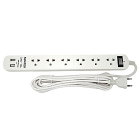 Ổ cắm điện Noatek 6 phích cắm có 2 cổng USB, dài 2 mét - trắng