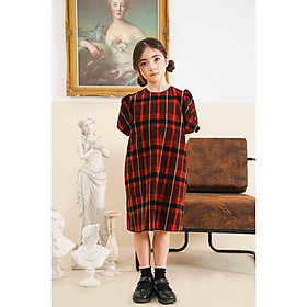 Váy bé gái CRABIE nhung suông tay bồng tiểu thư xinh xắn cho bé từ 3,4,5,6,7,8,9,10 tuổi - Julia dress - Kẻ Tartan đỏ