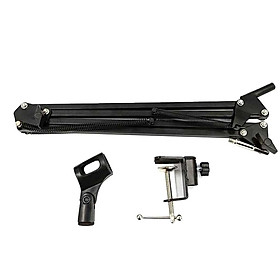 Universal Microphone Suspension Boom Scissor Arm Stand with Mic Holder and Table Mount Clamp - Black