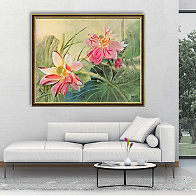 Mua Tranh canvas hoa sen treo tường  phong cách thủy mặc - treo phòng khách  phòng ngủ  phòng làm việc - khung hoa văn sang trọng - HS012