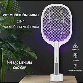 Vợt muỗi thông minh, Vợt muỗi kiêm đèn bắt muỗi tự động thông minh 2 in 1, kiêm đèn ngủ, pin sạc cao cấp