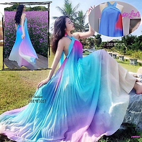Đầm váy maxi loang màu xanh voan dập ly cổ yếm cột nơ hở lưng Ivy fashion đi biển dự tiệc dạo phố bigsize gợi cảm