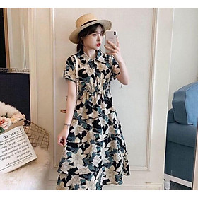 Đầm xòe lụa hoa cổ sơ mi xinh xắn