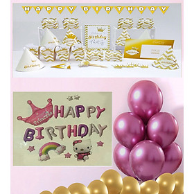 Bộ 8 món để bàn chủ đề VƯƠNG MIỆN VÀNG ĐỒNG và 2 sét trang trí trí sinh nhật cho bé gái giao chữ HAPPY BIRTHDAY ngẫu nhiên (Quà tặng cho bé là 2 đôi đũa trẻ em dài 20cm)