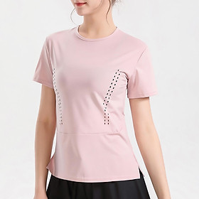 Áo thun nữ cổ chữ O ngắn tay thiết kế đường lỗ thoáng khí 2 bên, áo thun thể thao tập yoga, gym-Màu Hồng-Size N