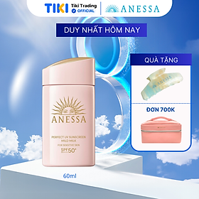 Kem chống nắng dạng sữa dịu nhẹ cho da nhạy cảm và trẻ em Anessa Perfect UV Sunscreen Mild Milk For Sensitive Skin SPF 50+ PA++++ 60ml