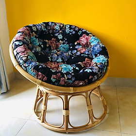 Ghế lười Tundo papasan mây thật vải nhung hoa tím đen cao cấp