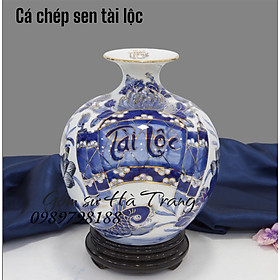 Mua Bình hút tài lộc gốm sứ Bát Tràng cao cấp vẽ vàng hoạ tiết cá chép sen tài lộc cao 22cm