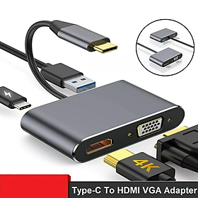 Hình ảnh Bộ chuyển đổi USB Type-C sang HDMI, VGA, USB 3.0,PD, Hub 4 in 1 dùng cho điện thoại, máy tính, Macbook có hỗ trợ TypeC