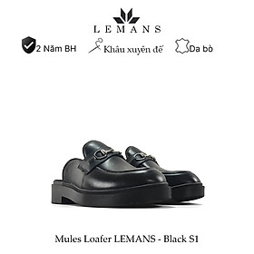 Giày Sục LEMANS Mules Loafer - Black. Da bò nguyên tấm Đế khuôn độc quyền tăng cao 4cm. Bảo hành 24 Tháng - Đen Láng - 42