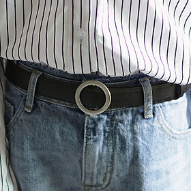 Viney leather ladies belt Korean women's non-porous round buckle fashion thin pants with simple skirt with wild ladies belt (black)