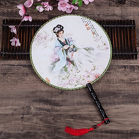 Quạt tròn cổ trang cô gái ngồi dưới hoa in hai mặt tao nhã