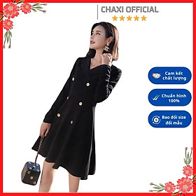 Đầm xòe cổ vest màu đen tay dài phối nút tiểu thư vintage trẻ trung - D83262 - Hàng Quảng Châu cao cấp