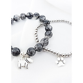 Vòng tay đôi mệnh thủy, mộc đá thạch anh tóc đen mix charm chó con