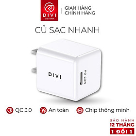 Củ sạc nhanh DIVI P2230 Sạc nhanh PD, QC 3.0 Công suất 20W Cổng sạc Type C - Hàng chính hãng