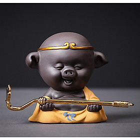 Tượng Trư Bát Giới ngồi thiền kèm Bồ Cào - gốm tử sa cao cấp