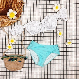 Bikini hai mảnh áo TAY CON trễ vai màu trắng mix quần lưng thấp xanh ngọc pastel baby