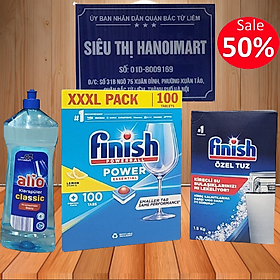 Combo 100 Viên finish + 1000ml nuớc làm bóng Bóng alio + 1.2kg muối rửa bát finish dùng cho Máy rửa bát