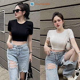 Áo Croptop Tay Ngắn Chất Thun cotton dáng ôm body thời trang cổ tròn trắng đen hồng, Áo thun nữ kiểu dáng ngắn hàn quốc