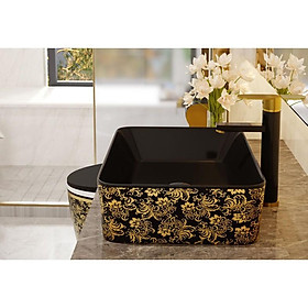 Mua Chậu rửa mặt để bàn/ chậu sứ lavabo để bàn hoa văn vàng đen sang trọng