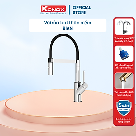 Vòi rửa bát thân mềm Konox, Model Bian, Bề mặt mạ PVD Chrome 5 lớp, Lõi đồng tiêu chuẩn CW617N, Linh kiện phụ trợ dòng chảy nhập khẩu châu Âu, Bảo hành chính hãng 5 năm, Hàng chính hãng