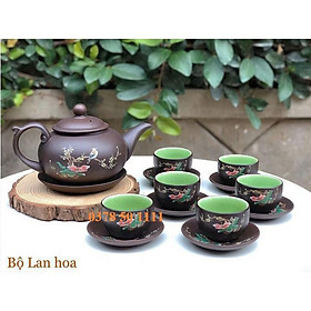 Mua Bộ ấm trà tử sa Bát Tràng men đen vẽ chim hoa S2