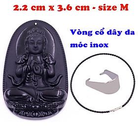 Mặt Phật Đại nhật như lai đá thạch anh đen 3.6 cm kèm vòng cổ dây da đen - mặt dây chuyền size M, Mặt Phật bản mệnh
