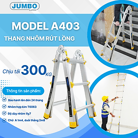 Thang nhôm trượt đa năng JUMBO A403 - Chữ A cao nhất 1.4m, chữ I cao nhất 3.0m, tải trọng 300kg