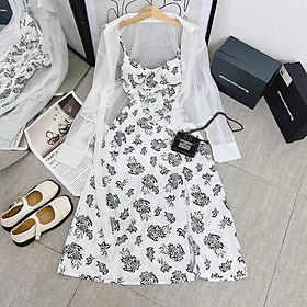 Sét đầm midi trắng xẻ tà hoạ tiết kèm áo khoác voan