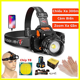 Đèn pin đội đầu siêu sáng 1 bóng chiếu xa 300m cảm biến vẫy tay, chip Led L9 Zoom xa gần, chống nước IPX6, pin trâu