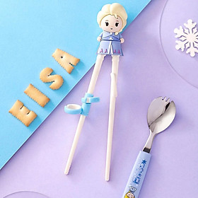 Set 2 món muỗng đũa tập ăn nổi 3D 2022 Disney Frozen Elsa chibi cực đáng yêu cho trẻ em