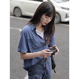 MS683 Áo sơ mi jeans nữ cộc tay hai túi, áo bò túi ngực