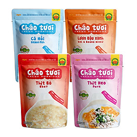 Combo 4 Gói Cháo Tươi Cây Thị Vị: Cá Hồi, Lươn Đậu Xanh, Thịt Bò, Thịt Heo